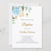Invitation Baptême eucalyptus verdure florales bleus garçon (Devant)