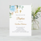 Invitation Baptême eucalyptus verdure florales bleus garçon (Debout devant)