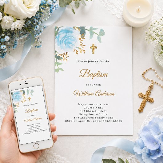 Invitation Baptême eucalyptus verdure florales bleus garçon