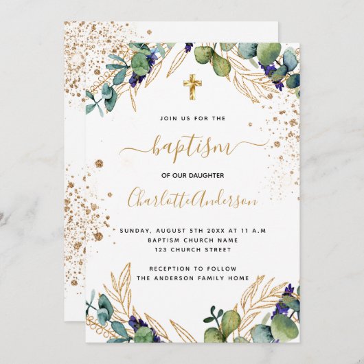 Invitation Baptême eucalyptus verdure or croix script (Devant / Derrière)