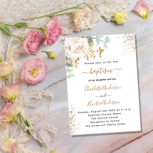 Invitation Baptême eucalyptus verdure rose or floral