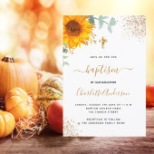 Invitation Baptême eucalyptus vert croix d'or tournesol