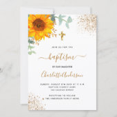 Invitation Baptême eucalyptus vert croix d'or tournesol (Devant)