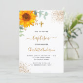 Invitation Baptême eucalyptus vert croix d'or tournesol (Debout devant)