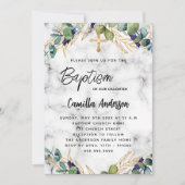 Invitation Baptême eucalyptus vert marbre doré (Devant)