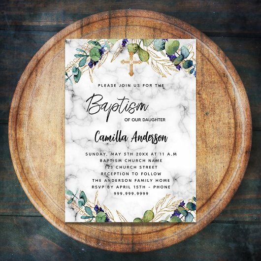 Invitation Baptême eucalyptus vert marbre doré