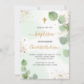 Invitation Baptême eucalyptus vert parties scintillant script (Devant)