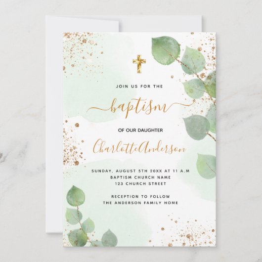 Invitation Baptême eucalyptus vert parties scintillant script (Devant)