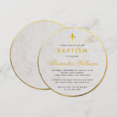Invitation Baptême Faux Papier Doré Marbre Calligraphie Rond (Devant / Derrière)