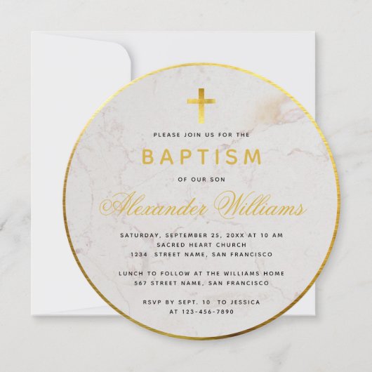 Invitation Baptême Faux Papier Doré Marbre Calligraphie Rond (Devant)