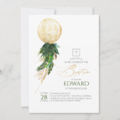 Invitation Baptême Feuille d'or et de palme verte (Devant)