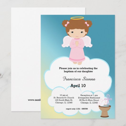 Invitation Baptême fille ange (Devant / Derrière)