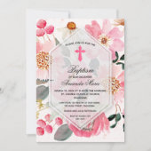 Invitation Baptême Fille Aquarelle Floral Rose (Devant)