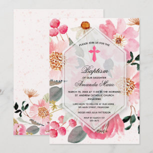 Invitation Baptême Fille Aquarelle Floral Rose