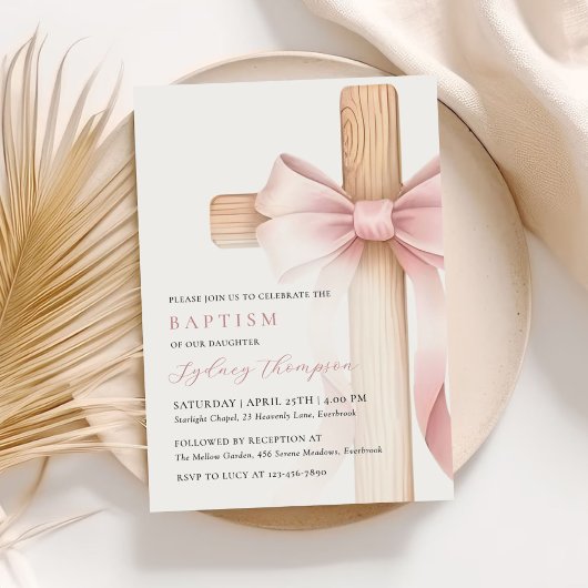 Invitation Baptême Fille Arc Rose Bébé Croix