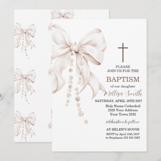 Invitation Baptême Fille au Ruban (Devant / Derrière)