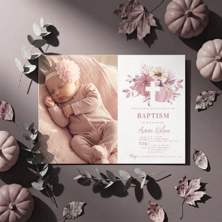 Invitation Baptême Fille Automne Citrouille Photo Rose Poussi