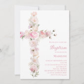 Invitation baptême fille bébé croix florale rose (Devant)