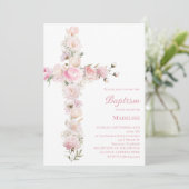 Invitation baptême fille bébé croix florale rose (Debout devant)