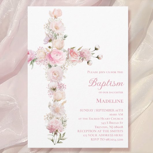 Invitation baptême fille bébé croix florale rose