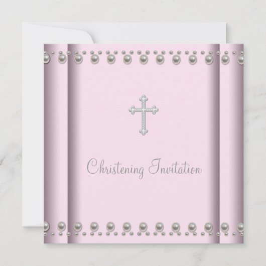 Invitation Baptême Fille Bébé Croix Perle Rose (Devant)