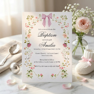 Invitation Baptême Fille Bébé Floral Ruban Rose Aquarelle
