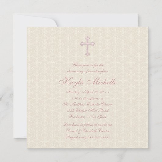 Invitation Baptême Fille Bébé Rose Damas Beige (Devant)