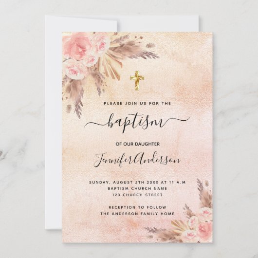 Invitation Baptême fille boho pampas herbe rose or rose (Devant)