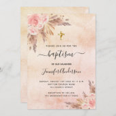 Invitation Baptême fille boho pampas herbe rose or rose (Devant / Derrière)