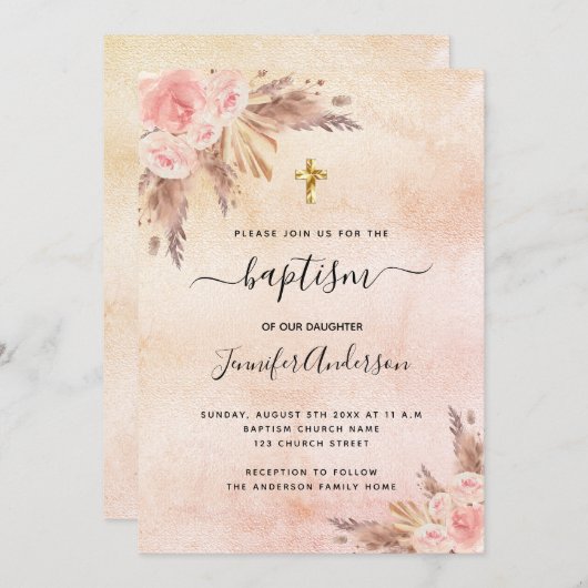 Invitation Baptême fille boho pampas herbe rose or rose (Devant / Derrière)