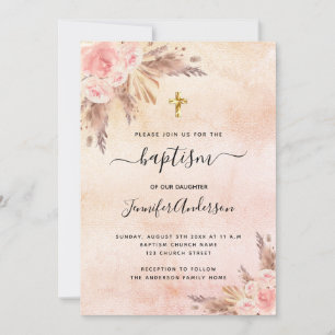 Invitation Baptême fille boho pampas herbe rose or rose