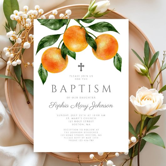 Invitation Baptême Fille Botanique Oranges Élégantes