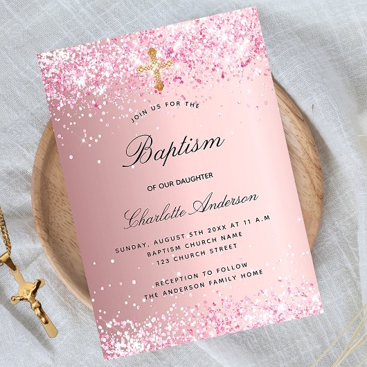 Invitation Baptême fille confetti rose rousse
