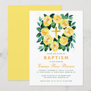 Invitation Baptême Fille Couronne de Roses Jaunes Faux Or