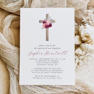 Invitation Baptême Fille Croix Argent Burgundy Floral Blush
