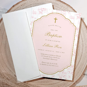Invitation Baptême Fille Croix Dorée Florale Vintage