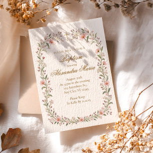 Invitation Baptême Fille Croix Fleur Sauvage Rose