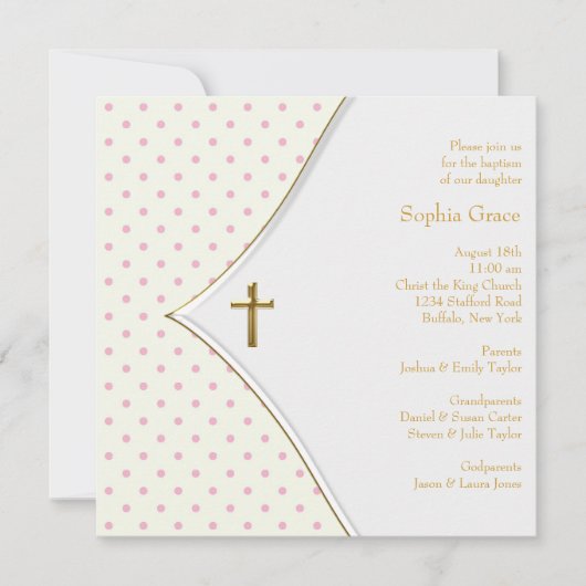 Invitation Baptême Fille Croix Or Rose (Devant)