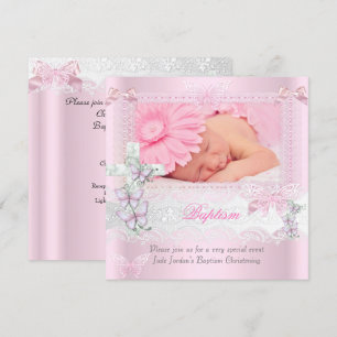 Invitation Baptême Fille Croix Papillon Dentelle Rose 2