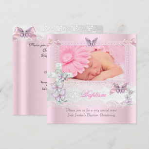 Invitation Baptême Fille Croix Papillon Dentelle Rose Photo