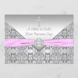 Invitation Baptême Fille Croix Rose Christening