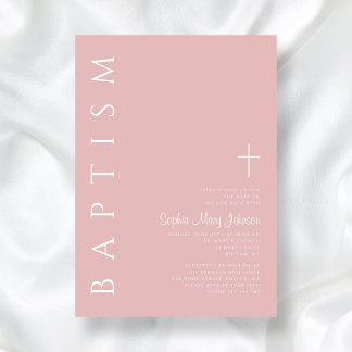 Invitation Baptême Fille Croix Rose Pâle Élégant Moderne