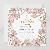 Invitation Baptême Fille De La Couronne D'Or Et De Rose Flora (Devant)