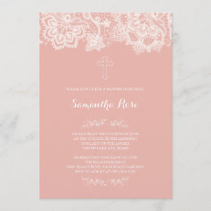 Invitation Baptême Fille Dentelle rose