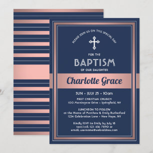 Invitation Baptême Fille Élégant Bleu Marine Rose Or Rose