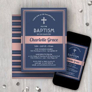 Invitation Baptême Fille Élégant Bleu Marine Rose Or Rose