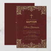 Invitation Baptême Fille Élégant Croix Bourguignon Doré Vinta (Devant / Derrière)