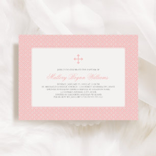 Invitation Baptême Fille Élégant Rose Corail Motif Croix