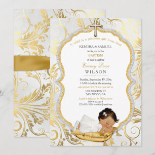 Invitation Baptême Fille Ethnique Christening Croix en Or