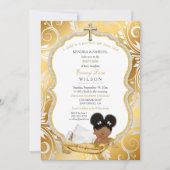 Invitation Baptême Fille Ethnique Croix en Or (Devant)